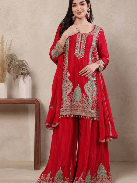 Heavy Chinnon Silk Material With Sequence Embroidery Work Sharara Palazzo Suit Set