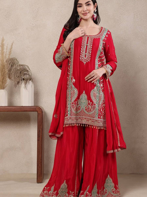 Heavy Chinnon Silk Material With Sequence Embroidery Work Sharara Palazzo Suit Set