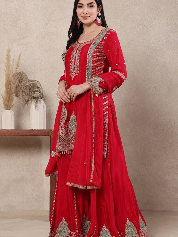 Heavy Chinnon Silk Material With Sequence Embroidery Work Sharara Palazzo Suit Set