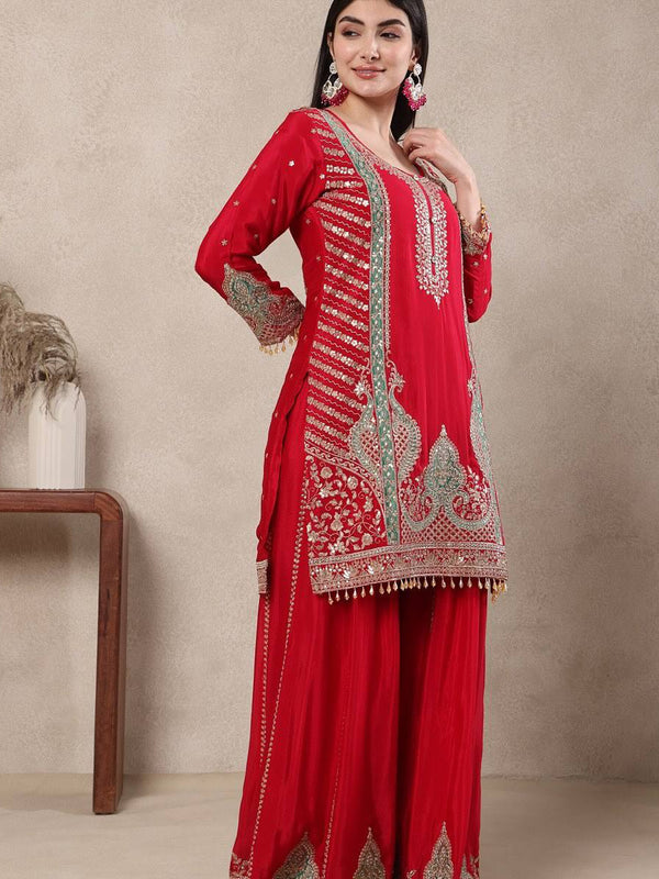 Heavy Chinnon Silk Material With Sequence Embroidery Work Sharara Palazzo Suit Set