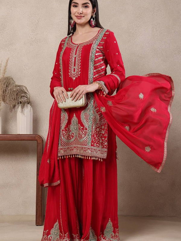 Heavy Chinnon Silk Material With Sequence Embroidery Work Sharara Palazzo Suit Set