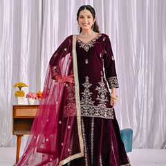 Pure Heavy Viscose Velvet With Heavy Embroidery Multi Needle Sequence Work Sharara Palazzo Suit Set
