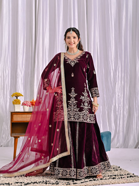 Pure Heavy Viscose Velvet With Heavy Embroidery Multi Needle Sequence Work Sharara Palazzo Suit Set