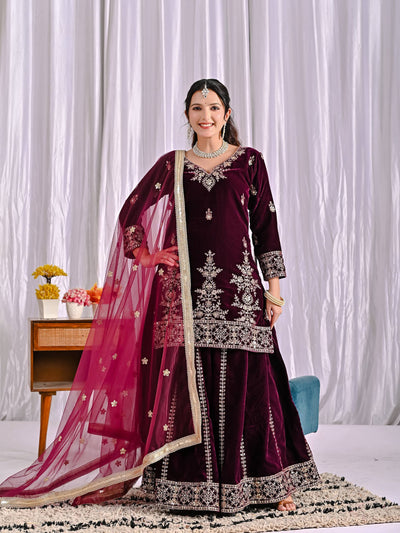 Pure Heavy Viscose Velvet With Heavy Embroidery Multi Needle Sequence Work Sharara Palazzo Suit Set
