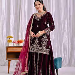Pure Heavy Viscose Velvet With Heavy Embroidery Multi Needle Sequence Work Sharara Palazzo Suit Set
