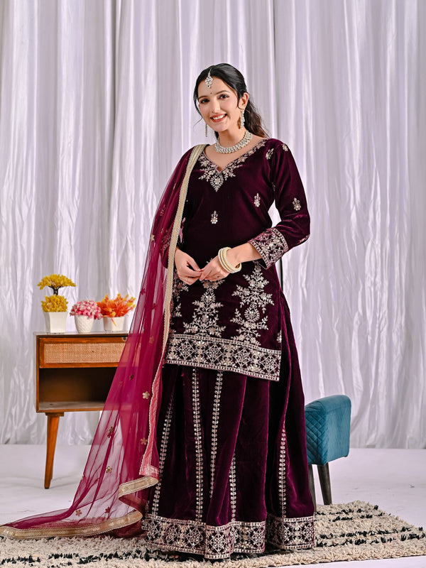 Pure Heavy Viscose Velvet With Heavy Embroidery Multi Needle Sequence Work Sharara Palazzo Suit Set