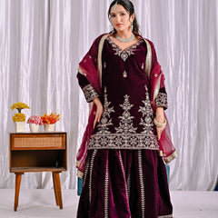 Pure Heavy Viscose Velvet With Heavy Embroidery Multi Needle Sequence Work Sharara Palazzo Suit Set