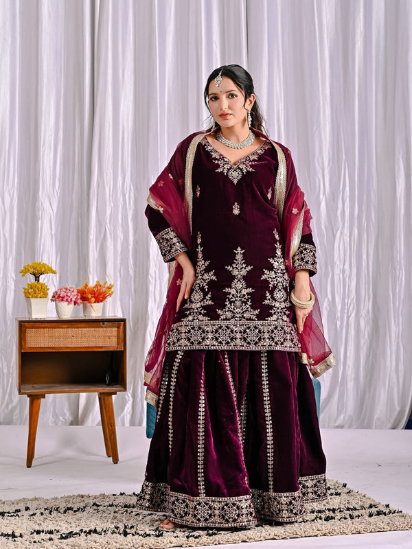 Pure Heavy Viscose Velvet With Heavy Embroidery Multi Needle Sequence Work Sharara Palazzo Suit Set