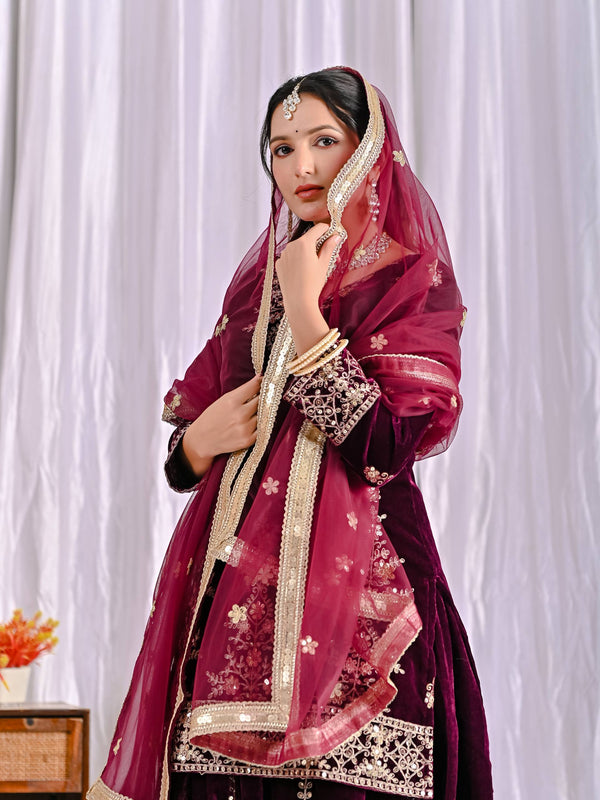 Pure Heavy Viscose Velvet With Heavy Embroidery Multi Needle Sequence Work Sharara Palazzo Suit Set
