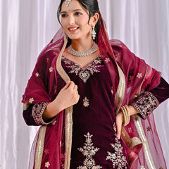 Pure Heavy Viscose Velvet With Heavy Embroidery Multi Needle Sequence Work Sharara Palazzo Suit Set