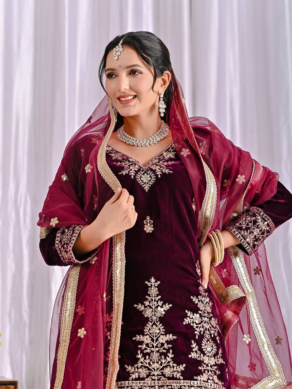 Pure Heavy Viscose Velvet With Heavy Embroidery Multi Needle Sequence Work Sharara Palazzo Suit Set