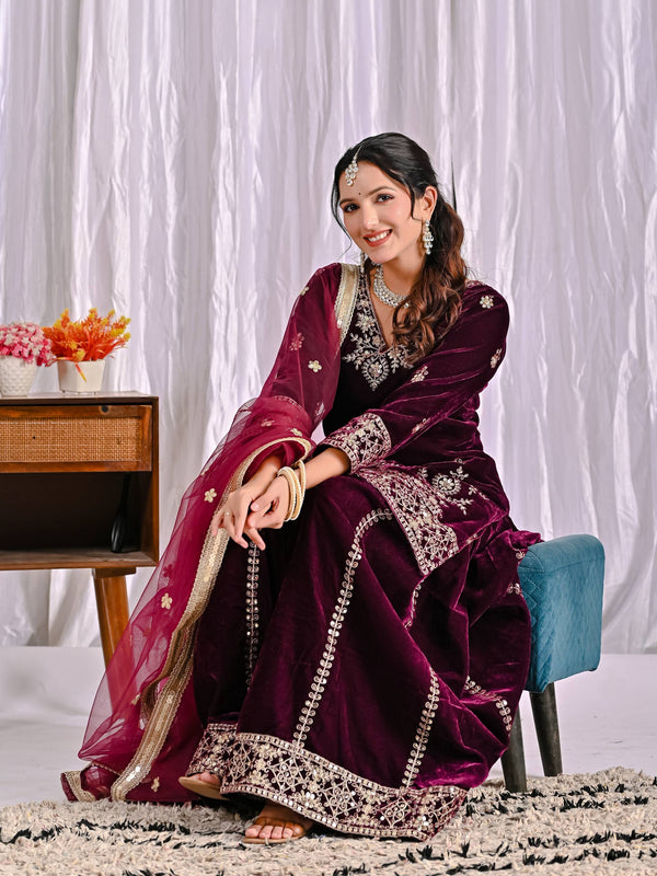 Pure Heavy Viscose Velvet With Heavy Embroidery Multi Needle Sequence Work Sharara Palazzo Suit Set