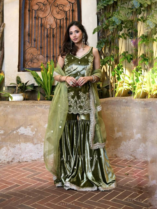 Pure Heavy Viscose Velvet Sharara Palazzo Suit Set