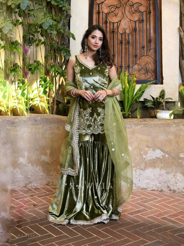 Pure Heavy Viscose Velvet Sharara Palazzo Suit Set