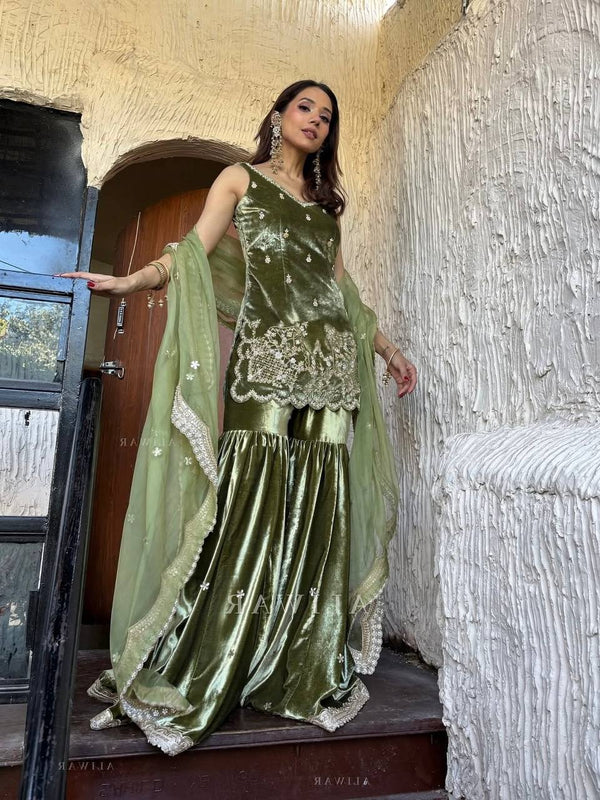 Pure Heavy Viscose Velvet Sharara Palazzo Suit Set