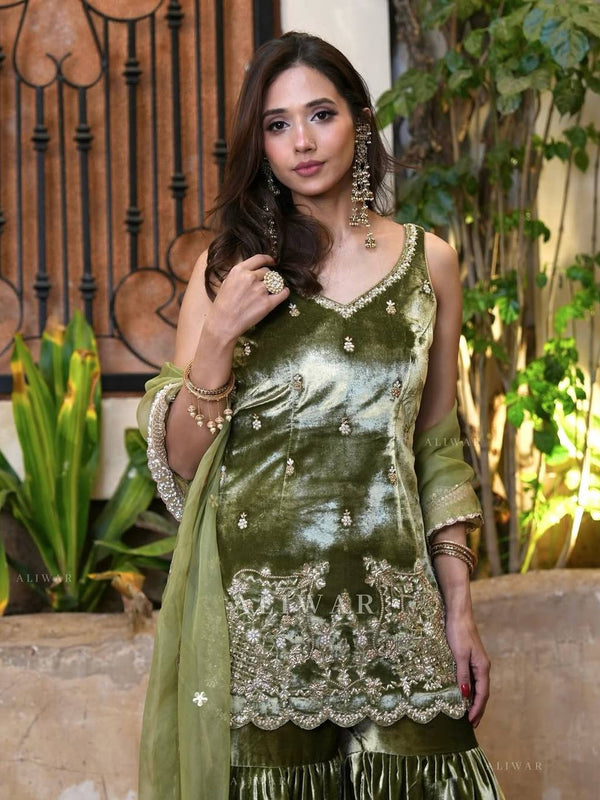 Pure Heavy Viscose Velvet Sharara Palazzo Suit Set