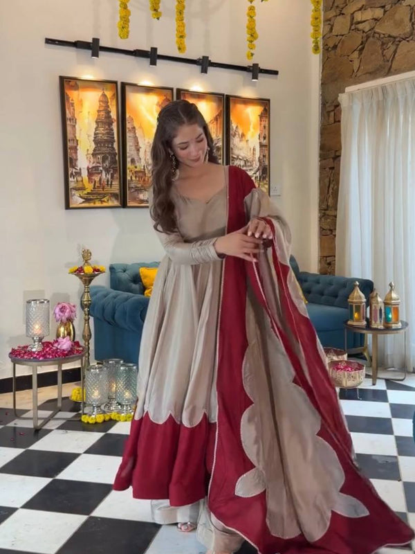 Pure Roman Silk Anarkali Gown Suit Set