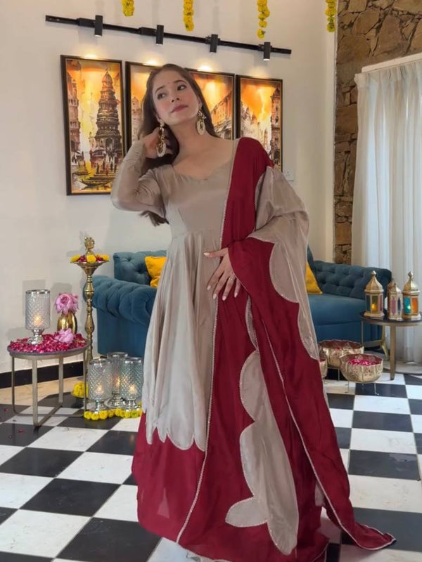 Pure Roman Silk Anarkali Gown Suit Set