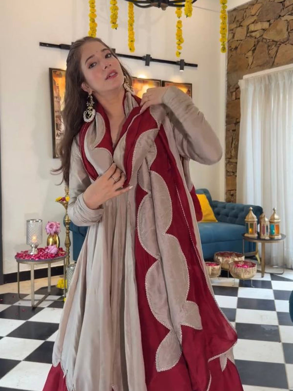 Pure Roman Silk Anarkali Gown Suit Set
