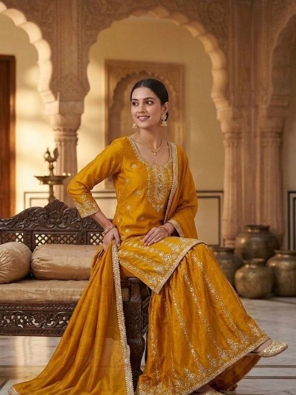 Pure Heavy Chinnon Silk Sharara Palazzo Suit Set