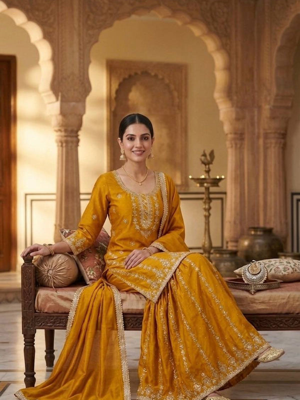Pure Heavy Chinnon Silk Sharara Palazzo Suit Set