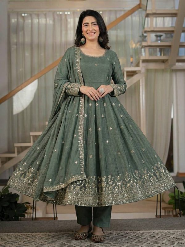 Heavy Crunchy Silk Material With Sequence Embroidery Work Anarkali Suit