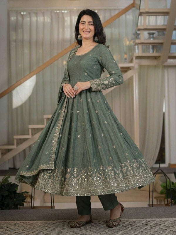 Heavy Crunchy Silk Material With Sequence Embroidery Work Anarkali Suit