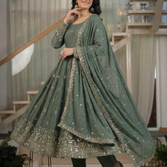 Heavy Crunchy Silk Material With Sequence Embroidery Work Anarkali Suit