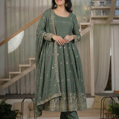 Heavy Crunchy Silk Material With Sequence Embroidery Work Anarkali Suit