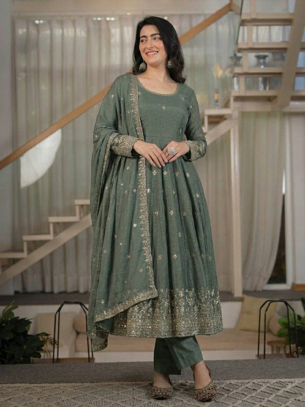 Heavy Crunchy Silk Material With Sequence Embroidery Work Anarkali Suit