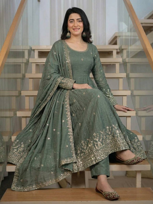 Heavy Crunchy Silk Material With Sequence Embroidery Work Anarkali Suit