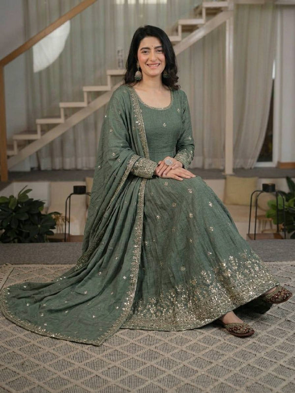 Heavy Crunchy Silk Material With Sequence Embroidery Work Anarkali Suit