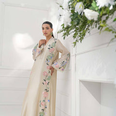 Pure Roman Glass With Embroidery Sequence Work And Fancy Belly Sleeves Kaftan Suit Set