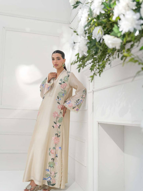 Pure Roman Glass With Embroidery Sequence Work And Fancy Belly Sleeves Kaftan Suit Set