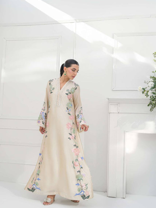Pure Roman Glass With Embroidery Sequence Work And Fancy Belly Sleeves Kaftan Suit Set
