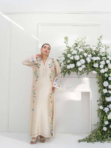 Pure Roman Glass With Embroidery Sequence Work And Fancy Belly Sleeves Kaftan Suit Set