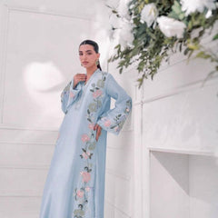 Pure Roman Glass With Embroidery Sequence Work And Fancy Belly Sleeves Kaftan Suit Set