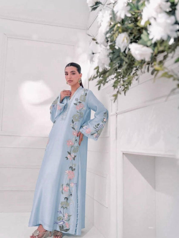 Pure Roman Glass With Embroidery Sequence Work And Fancy Belly Sleeves Kaftan Suit Set
