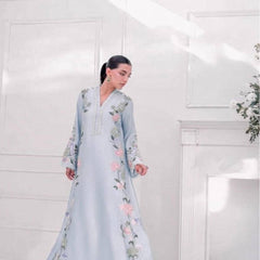 Pure Roman Glass With Embroidery Sequence Work And Fancy Belly Sleeves Kaftan Suit Set