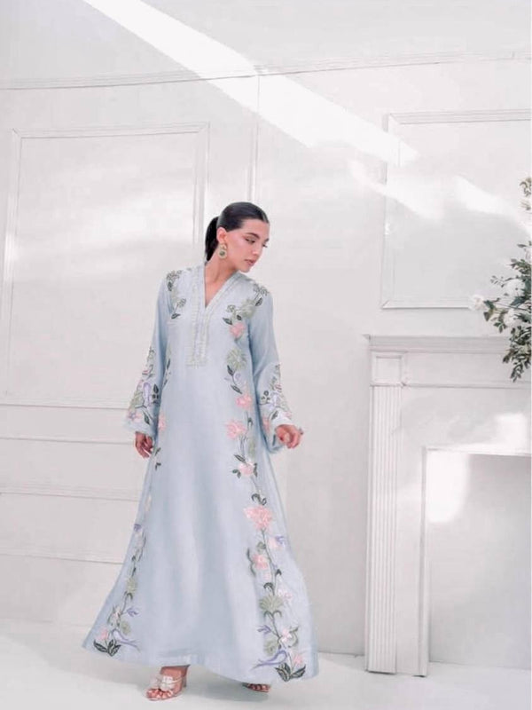Pure Roman Glass With Embroidery Sequence Work And Fancy Belly Sleeves Kaftan Suit Set