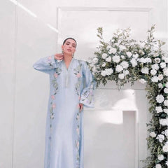 Pure Roman Glass With Embroidery Sequence Work And Fancy Belly Sleeves Kaftan Suit Set