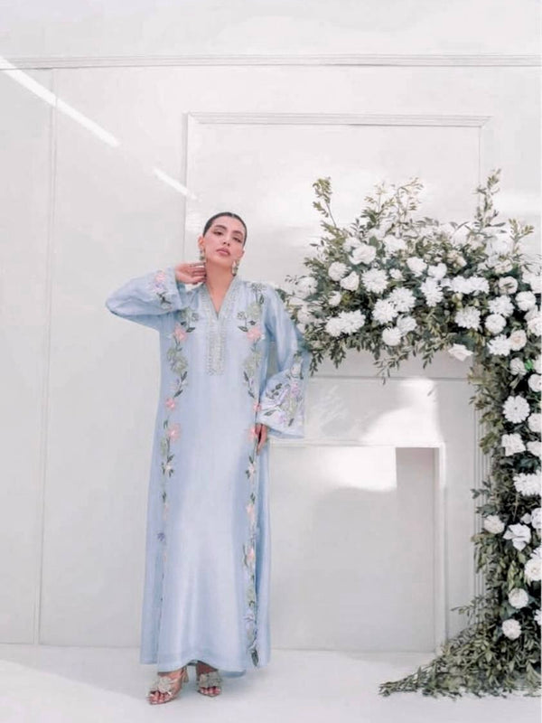 Pure Roman Glass With Embroidery Sequence Work And Fancy Belly Sleeves Kaftan Suit Set