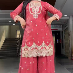 New Designer Party Wear Look Top , Sharara Plazzo and Dupatta Heavy Crunchy Silk With 5mm Sequence Embroidery Work.