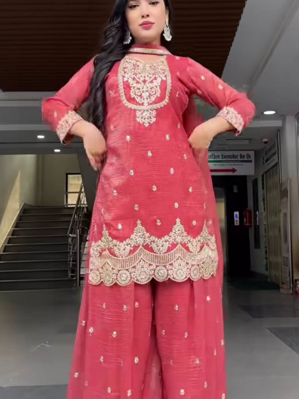 New Designer Party Wear Look Top , Sharara Plazzo and Dupatta Heavy Crunchy Silk With 5mm Sequence Embroidery Work.