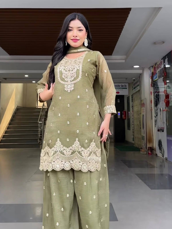 New Designer Party Wear Look Top , Sharara Plazzo and Dupatta Heavy Crunchy Silk With 5mm Sequence Embroidery Work.
