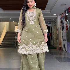New Designer Party Wear Look Top , Sharara Plazzo and Dupatta Heavy Crunchy Silk With 5mm Sequence Embroidery Work.