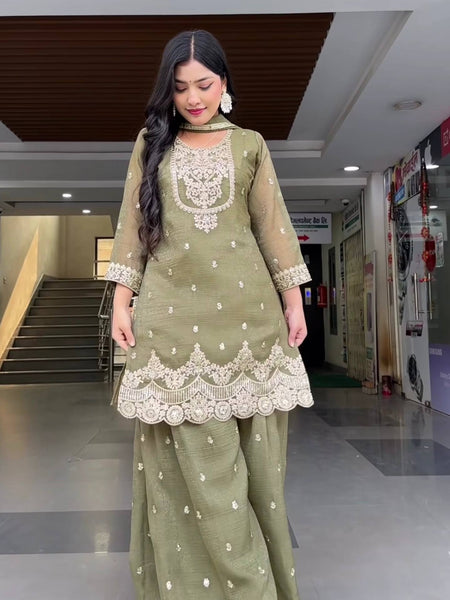 New Designer Party Wear Look Top , Sharara Plazzo and Dupatta Heavy Crunchy Silk With 5mm Sequence Embroidery Work.