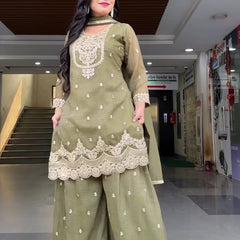 New Designer Party Wear Look Top , Sharara Plazzo and Dupatta Heavy Crunchy Silk With 5mm Sequence Embroidery Work.