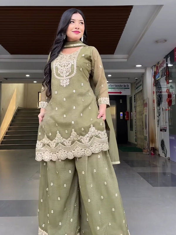 New Designer Party Wear Look Top , Sharara Plazzo and Dupatta Heavy Crunchy Silk With 5mm Sequence Embroidery Work.