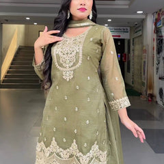 New Designer Party Wear Look Top , Sharara Plazzo and Dupatta Heavy Crunchy Silk With 5mm Sequence Embroidery Work.